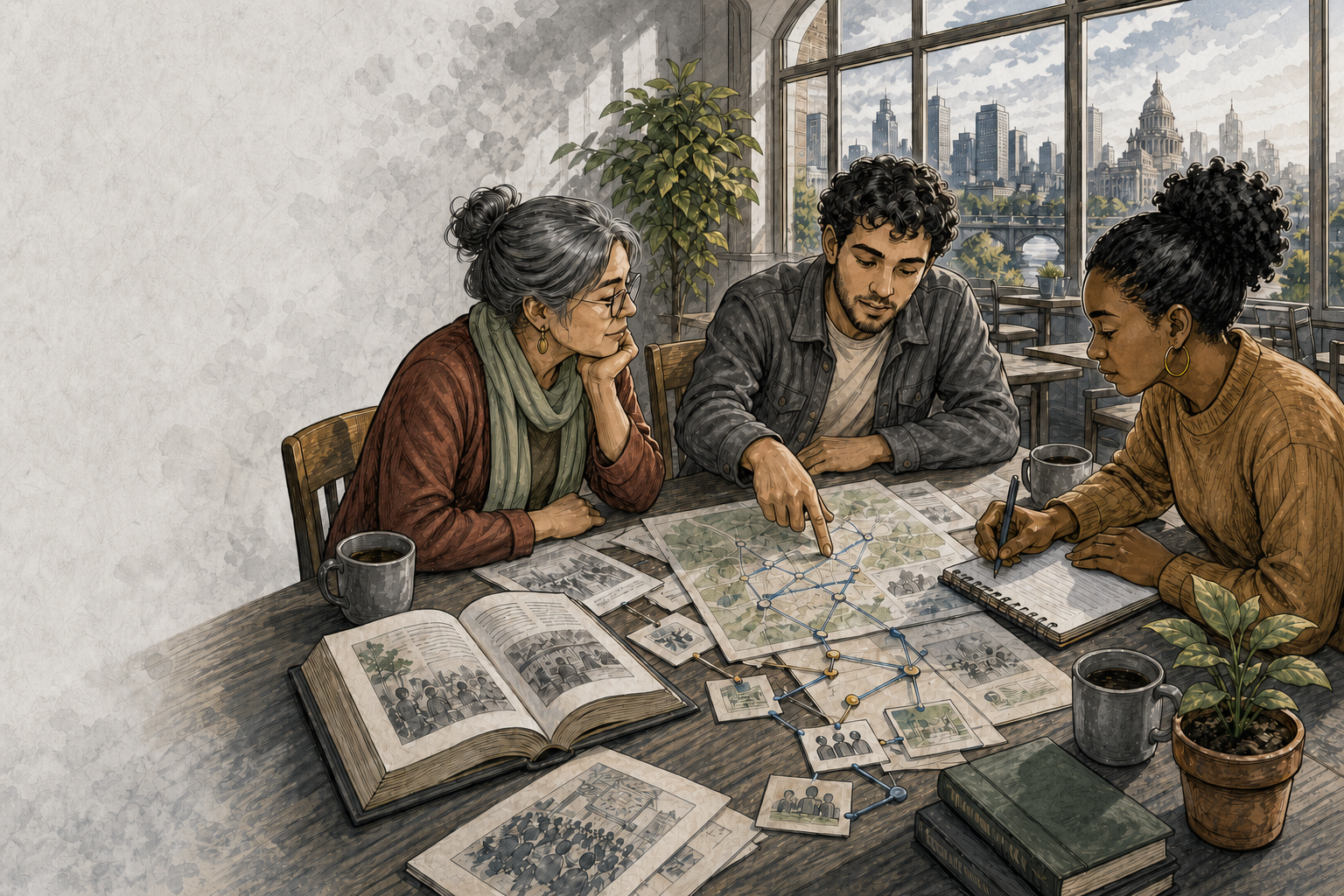 Three people reading a map of a neighborhood together