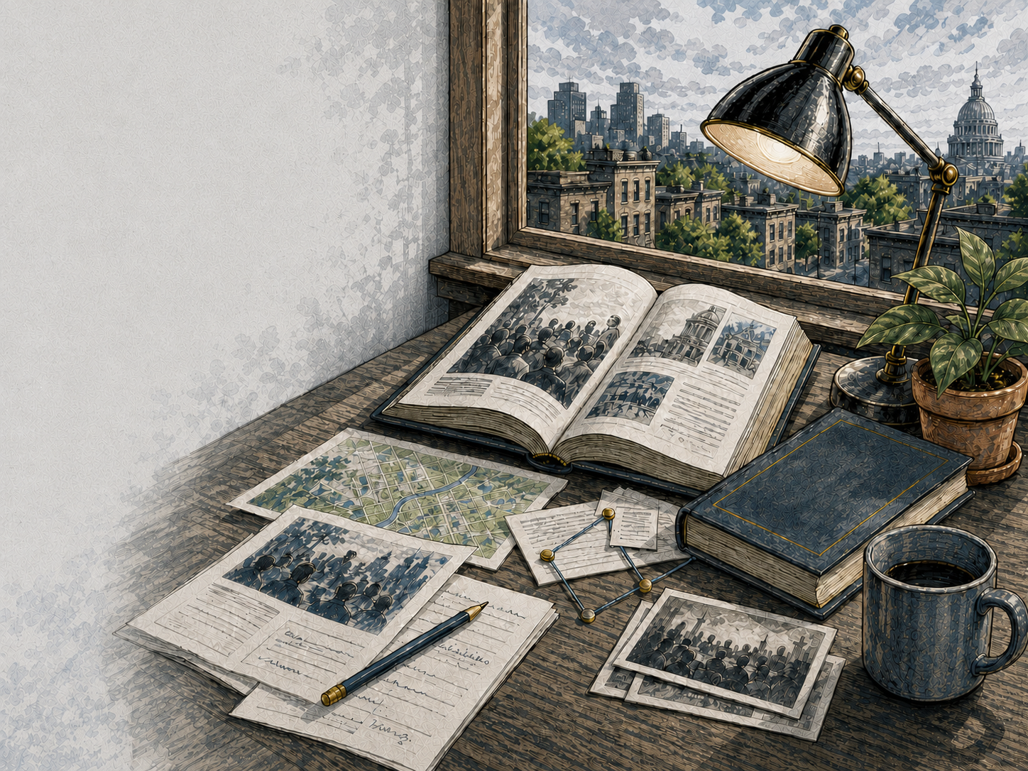 A reading stack: books piled on a desk with bookmarks and margin notes