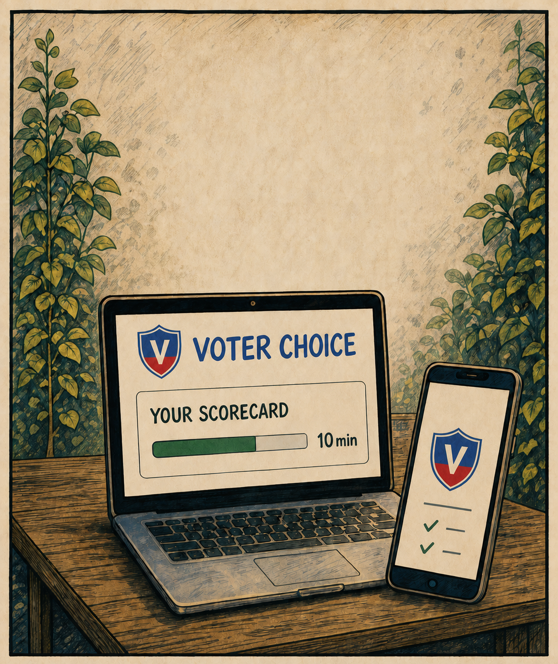 Voter Choice open on a laptop and a phone