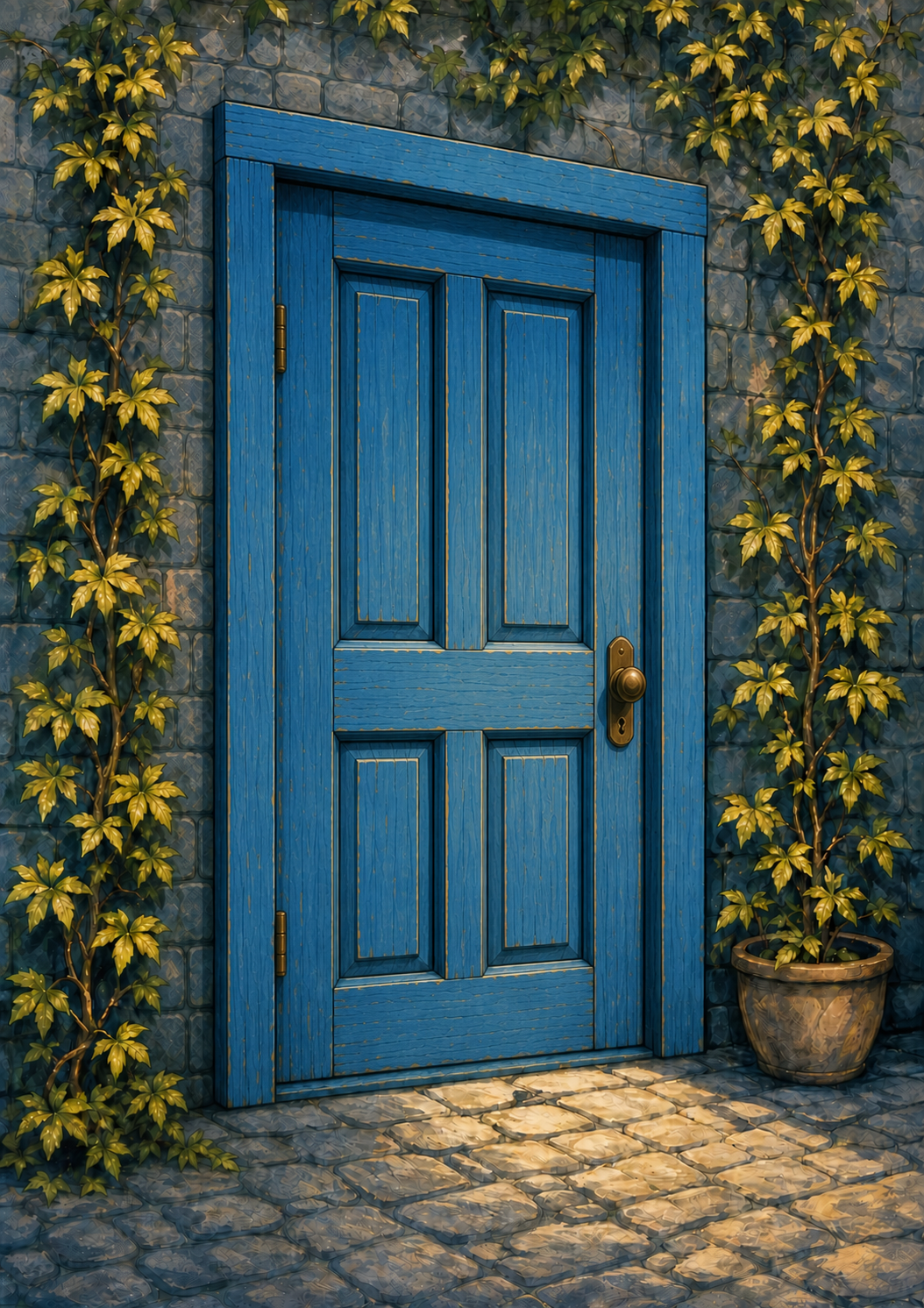 A closed blue door with ivy on stone.