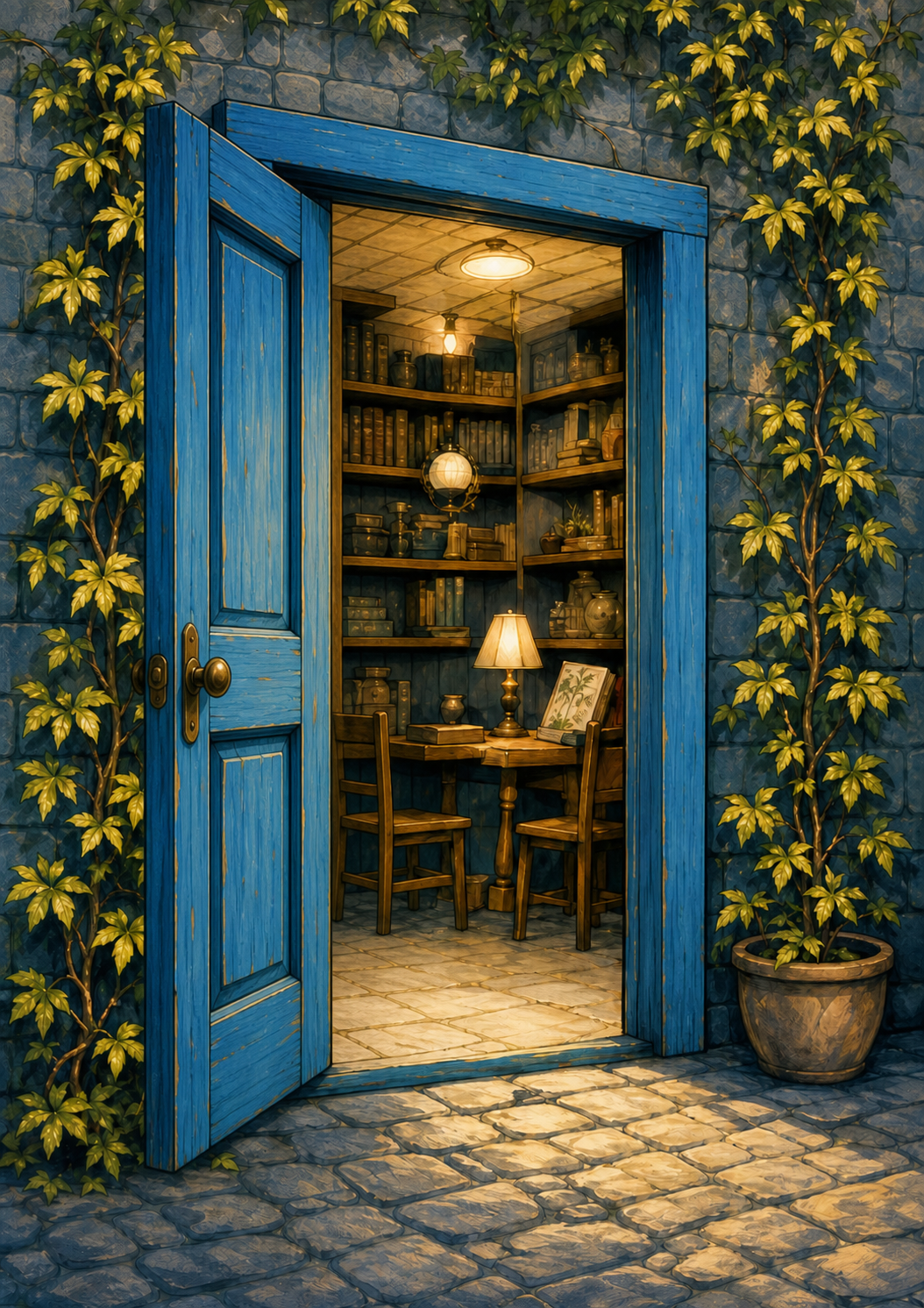 A blue door open onto a reading room with lamplight on the shelves.