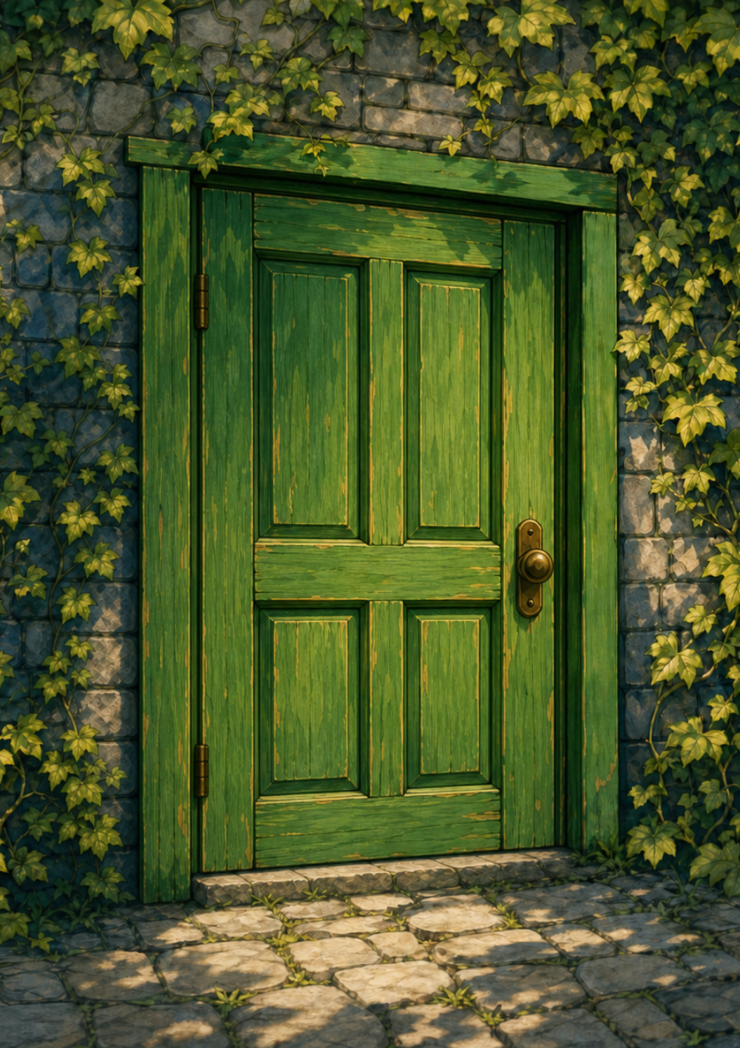 A closed green door with ivy on stone.
