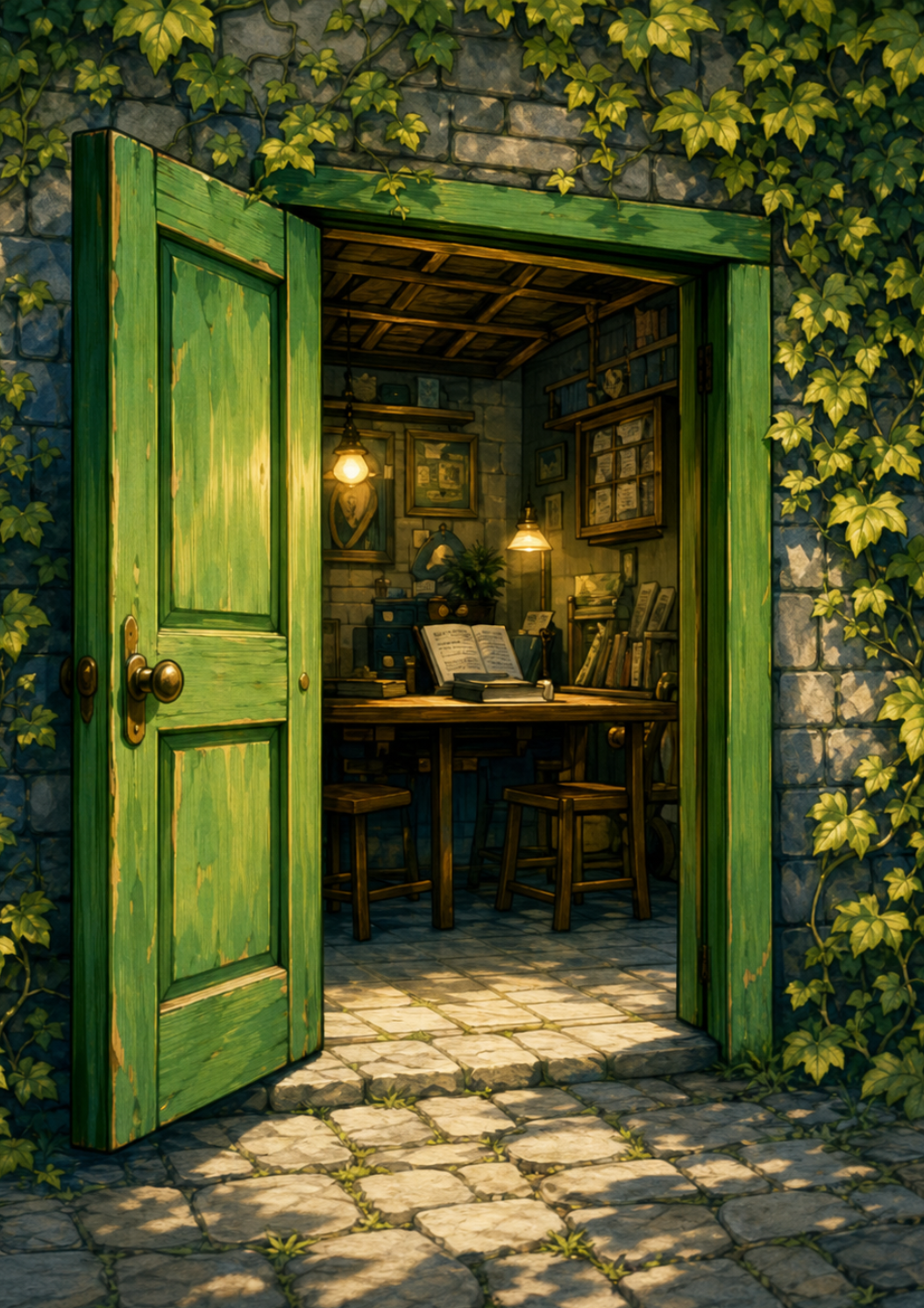 A green door open onto a workbench with maps and a laptop mid-build.