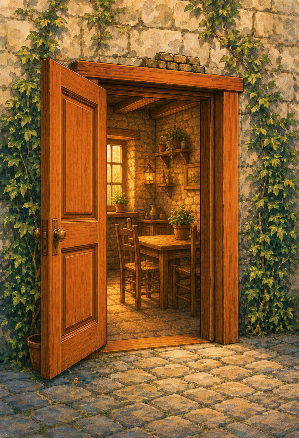 A warm-toned door open onto a table where the work gets shared.