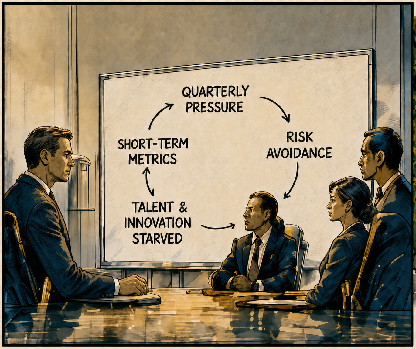 A boardroom with a quarterly chart on the glass wall; a new idea goes unheard at the far end of the table.