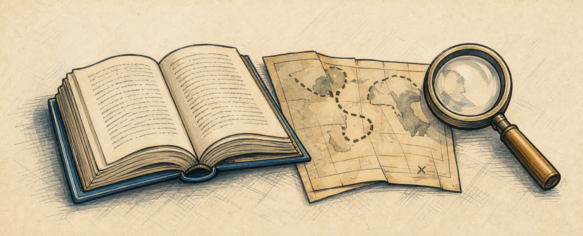 An open book, a map, and a magnifying glass.