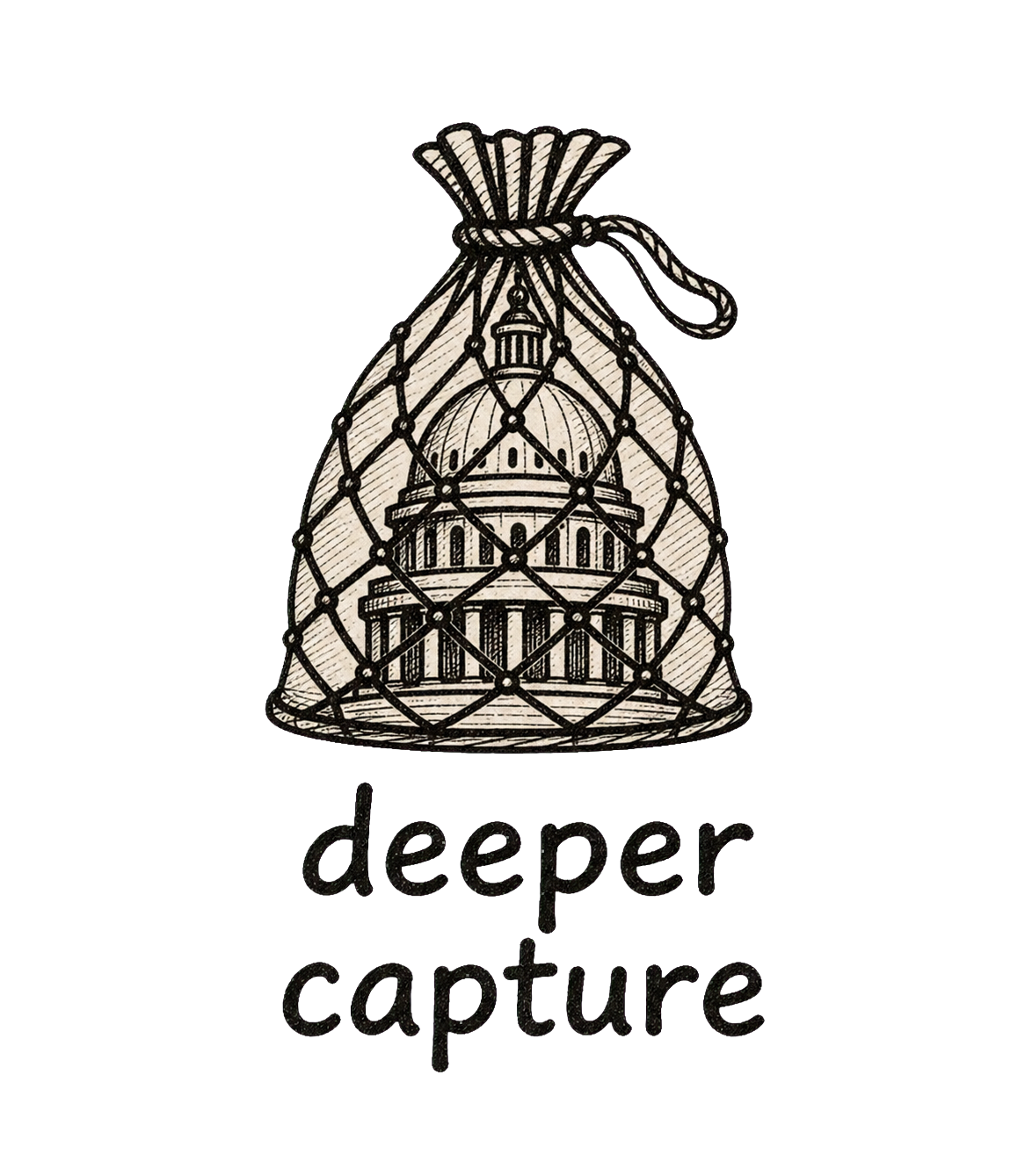 Icon of a capitol building caught in a net representing deeper regulatory capture.