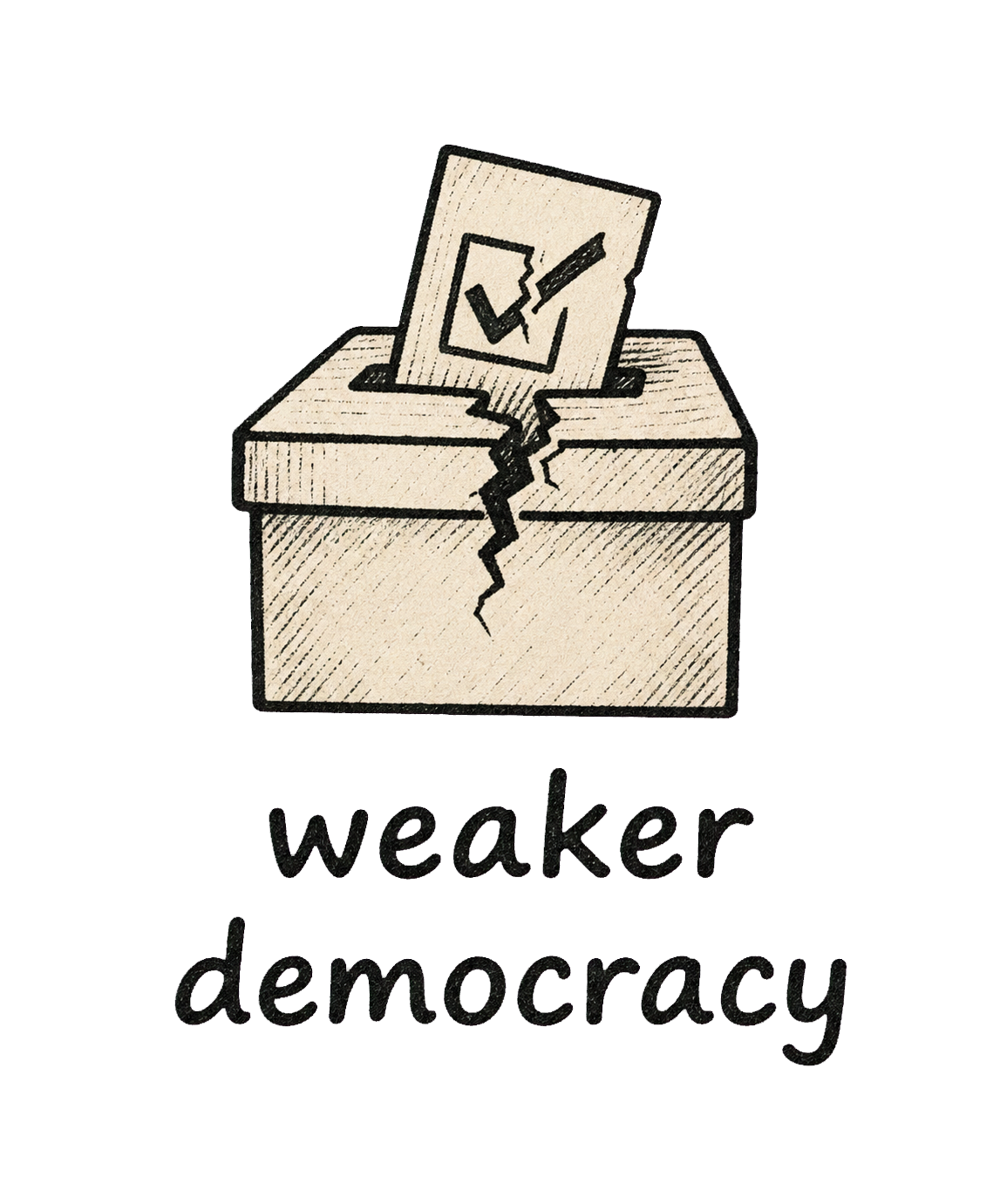Icon of a cracked ballot box representing weaker democracy.