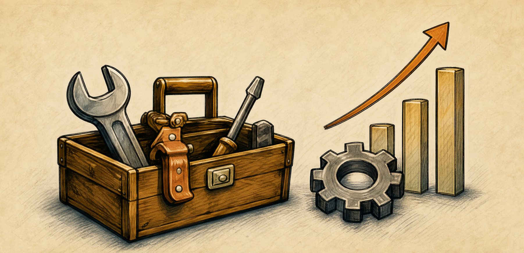 A toolbox, gears, and a rising chart.