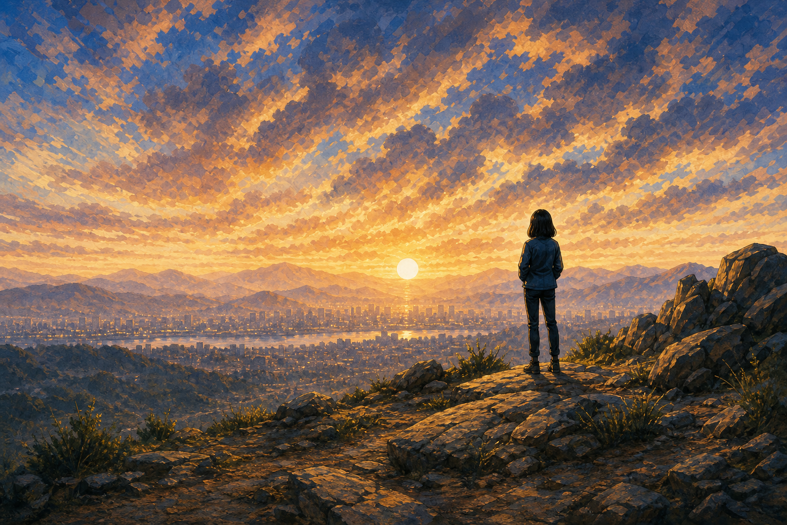 She stands at a ridge with the sun low, the valley stretching ahead.